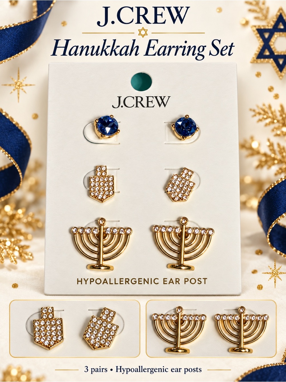 NWT J.Crew Gold & Blue Hanukkah Earring Trio - Picture 2 of 8